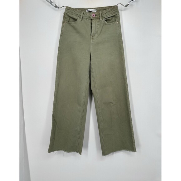 Zara The Marine Straight Wide Leg  High Waist Jeans in Green Size 0 / Raw Hem - Picture 1 of 9